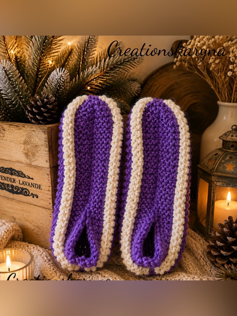 Handmade phentex Purple and Cream Women's Knit Slippers